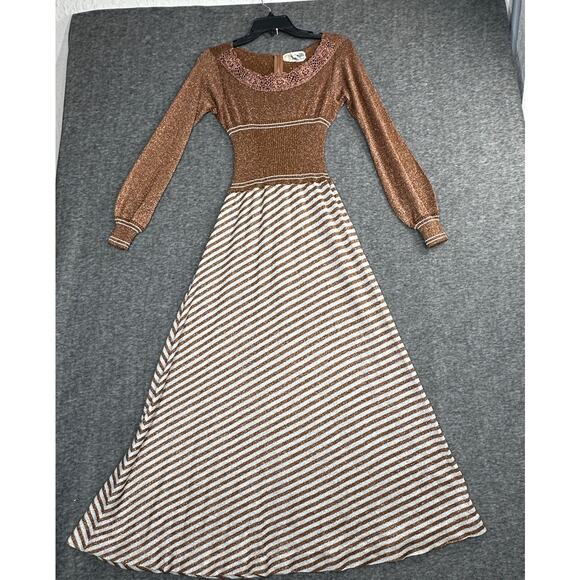 Vintage 1970s Wenjilli Metallic Copper and Silver Glitter Slinky Maxi Dress - Picture 1 of 6